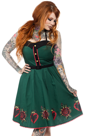 Spooksville Hearts & Roses Dress-Green - Womens Dresses - Sourpuss - Bella Lu's Inc