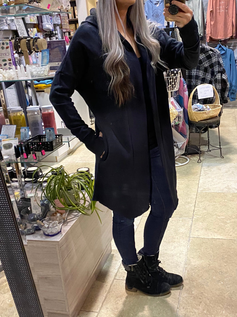 Open Front Longline Hoodie Cardigan-Black
